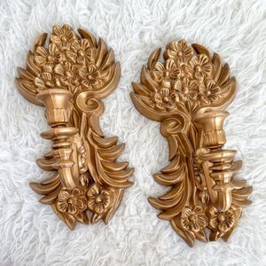 Vintage Ornate Gold Faux Brass Candle Sconces